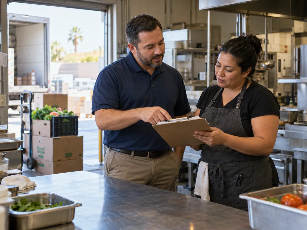 Two people reviewing an order together on a clipboard in a commercial kitchen, with a delivery truck visible at the open loading door