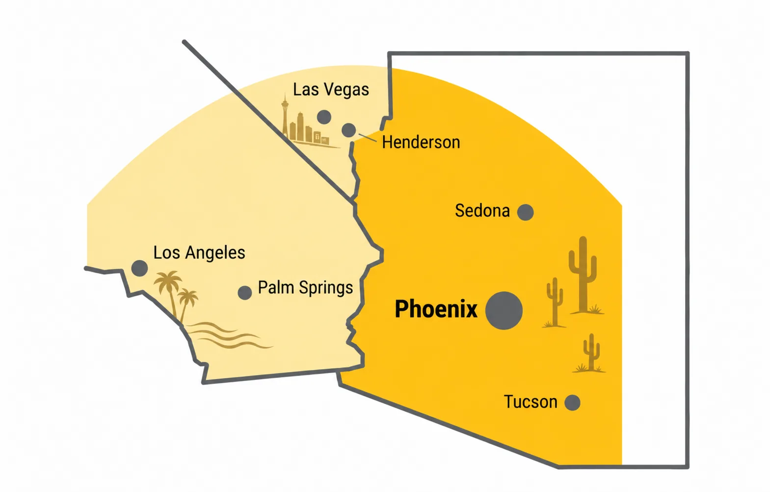 Illustrative CFS service-area map showing Phoenix, Tucson, Sedona, Las Vegas, Henderson, Los Angeles, and Palm Springs across Arizona, Nevada, and Southern California